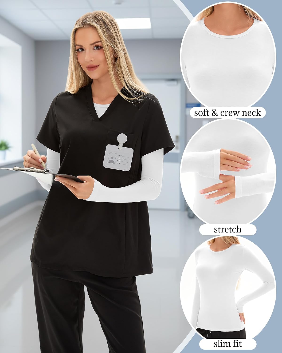 4 Pack Womens Crew Neck Long Sleeve Underscrub Shirts
