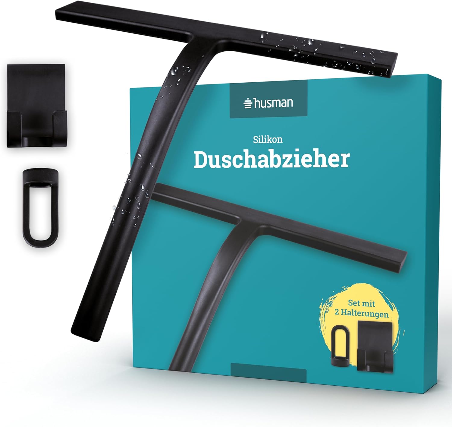 husman Silikon Duschabzieher schwarz | Abzieher Dusche Badezimmer Zubehör | Fensterabzieher Fensterwischer Set mit Halterung ohne Bohren für Duschwand | Fenster Scheibenabzieher Auto Bad Accessoires