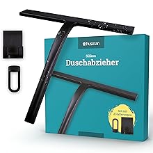husman Silikon Duschabzieher schwarz | Abzieher Dusche Badezimmer Zubehör | Fensterabzieher Fensterwischer Set mit Halterung ohne Bohren für Duschwand | Fenster Scheibenabzieher Auto Bad Accessoires
