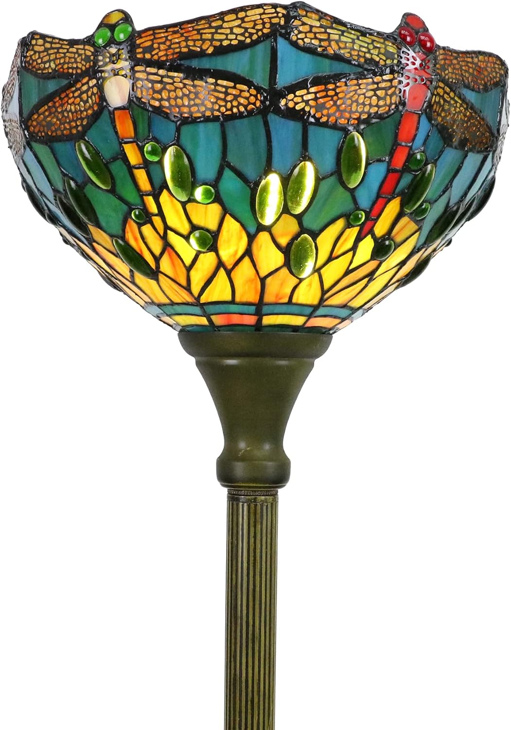 Tiffany Floor Lamps for Living Room, Tiffany Torchiere Floor Lamp Dragonfly, Blue-Green 12 Inch Stained Glass Lampshade, Small Tiffany Type Reading Floor Lamp