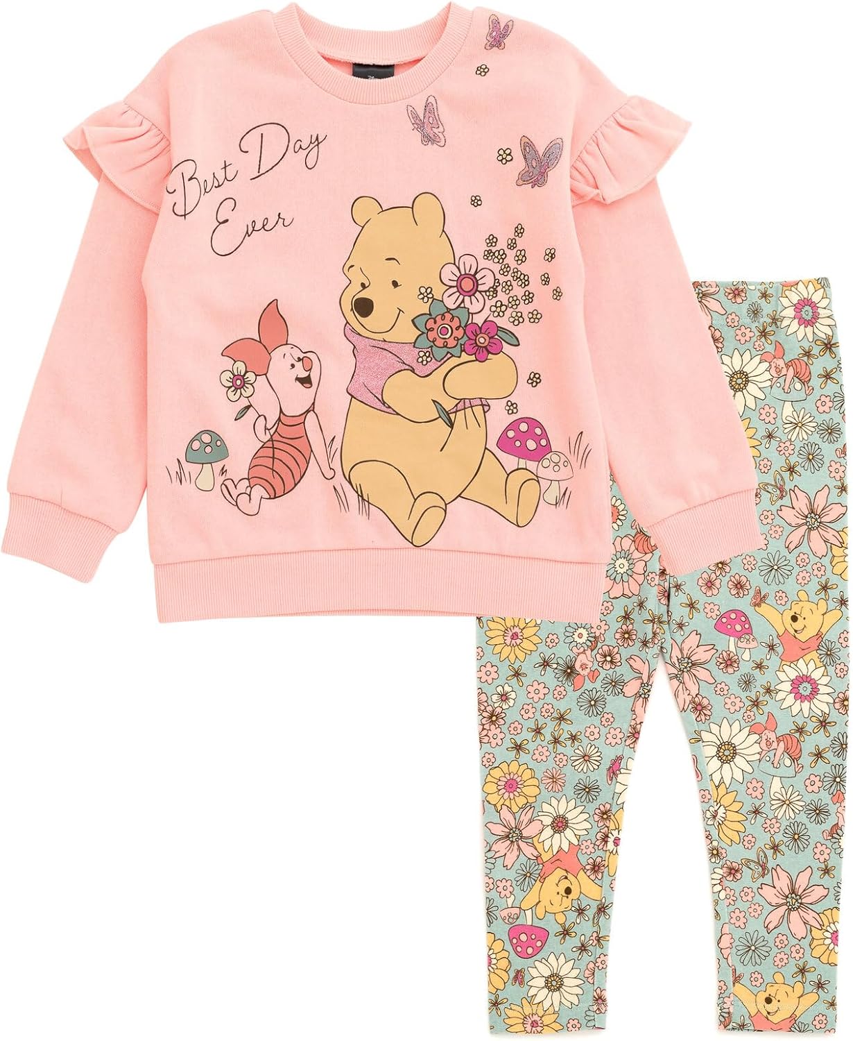Disney Junior Floral Sweatshirt and Leggings Outfit Set Infant to Big Kid Sizes (12 Months – 14-16)