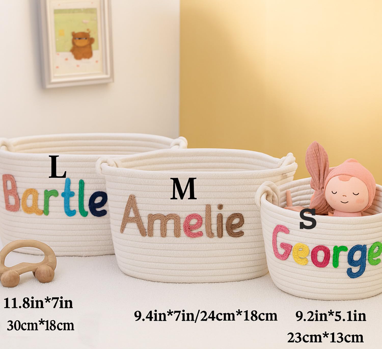 Panier à Couches Personnalisé Avec Prénom - Corde De Coton Tressée Main - Rangement Chambre Bébé (L: 21x15x40 Cm)