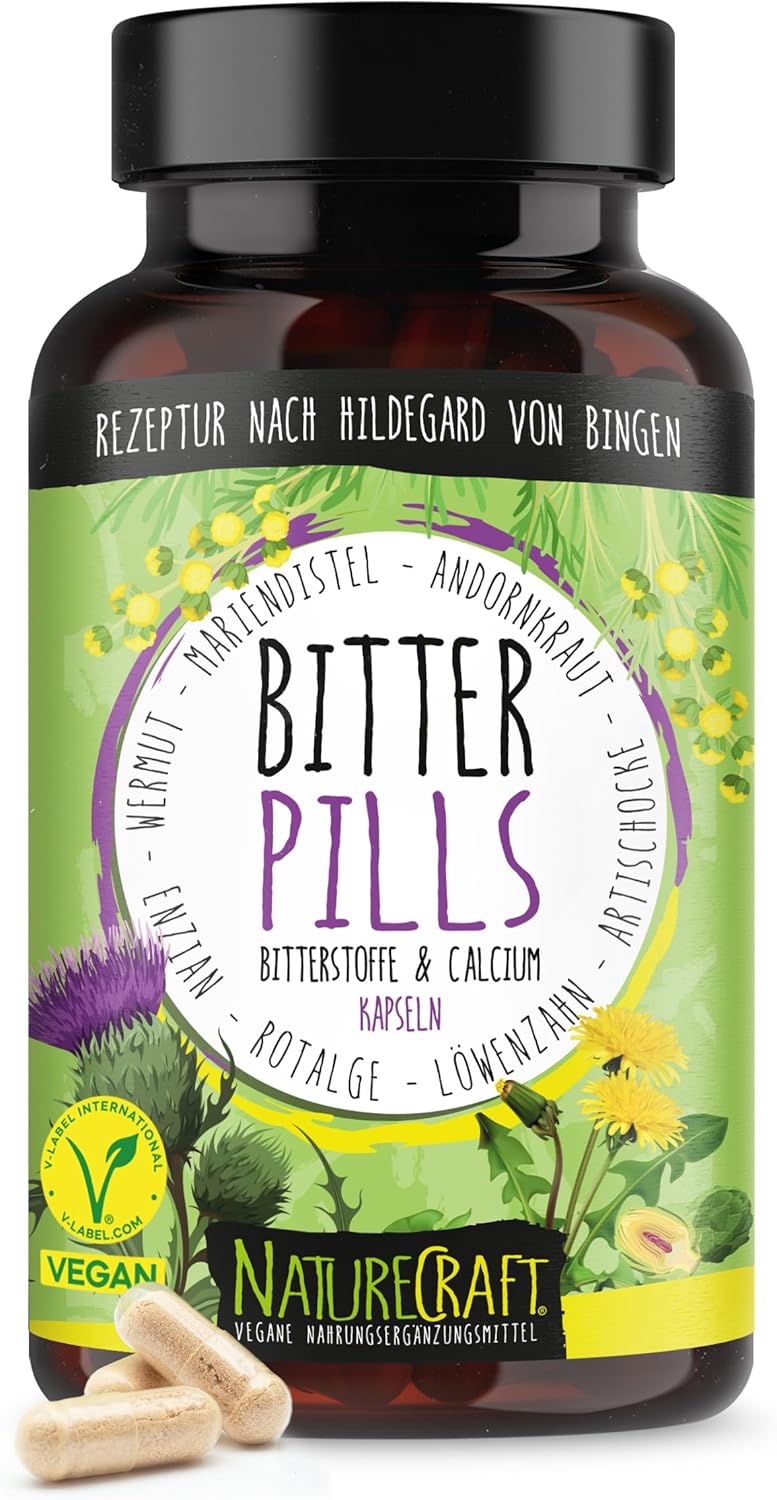 Bitter Pills – Bitter Capsules met mariadistel + artisjok + paardenbloem + calcium van de rode alg + gentiaan + andoorn + alsem – veganistisch, hooggedoseerde formule volgens Hildegard von Bingen, 90