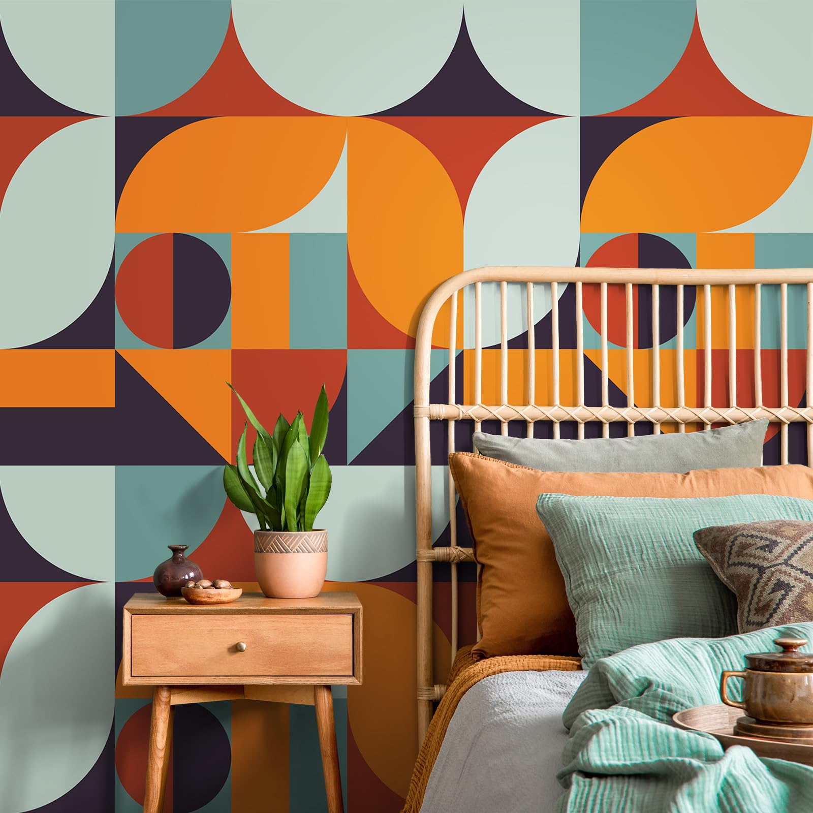 VEELIKE Orange and Blue Irregular Geometric Wallpaper Abstract Geometric Contact Paper Boho Wall Décor Bedroom Hallway Vinyl Wrap for Furniture Sticker Colourful Wallpaper for Livingroom 44.5cm×300cm - Image 3