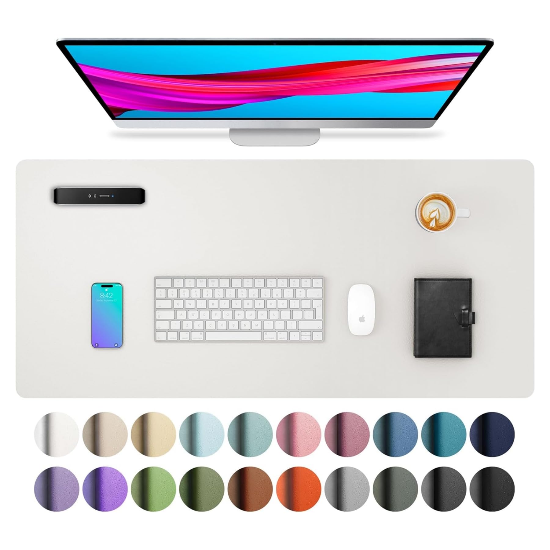 ABINLeather Desk Pad Protector,Mouse Pad,Office Desk Mat, Non-Slip PU Leather Desk Blotter,Laptop Desk Pad,Waterproof Desk Writing Pad for Office and Home (White, 90x40cm)