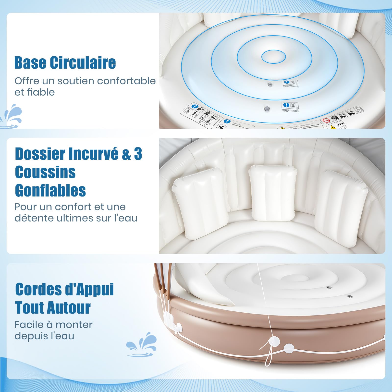 GYMAX Matelas Piscine Gonflable avec Auvent Détachable pour 2-3 Adultes