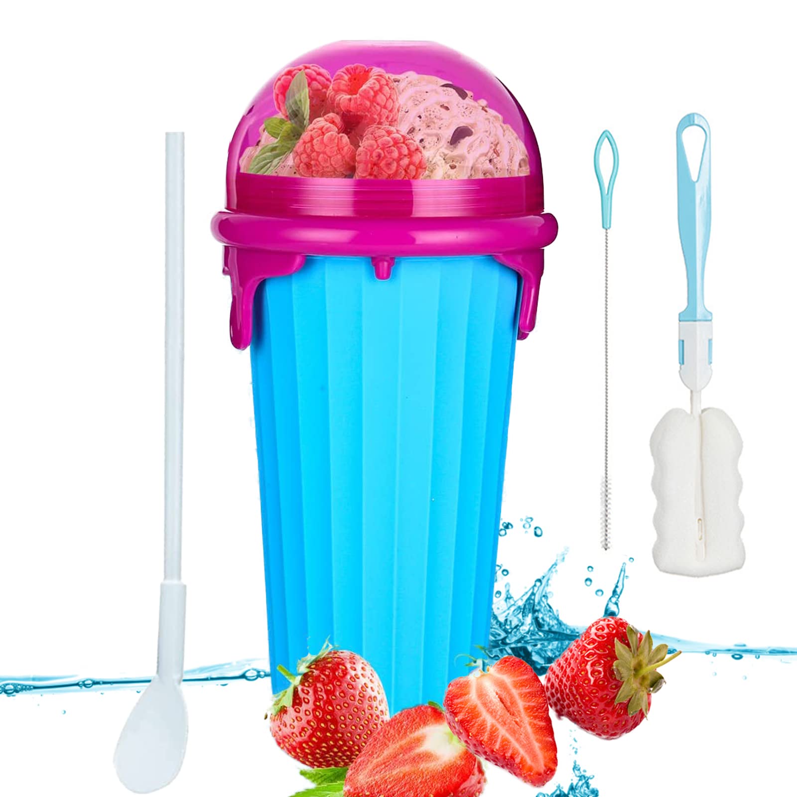 Gobelet Slushy Maker Silicone 500 Ml Bleu – Presse Magique Pour Smoothies Glacés, Paille & Cuillère 2-en-1