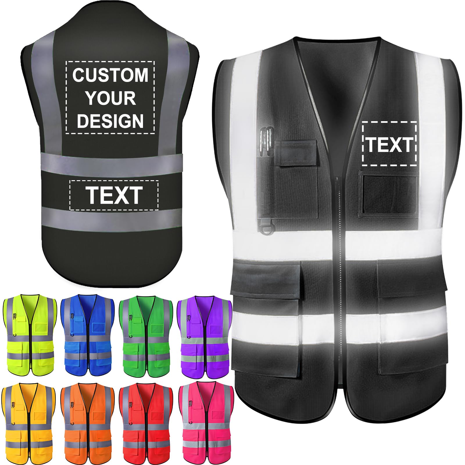 Custom Safety Vests Reflective Vest with Pockets Personalized Logo Name High Visibility Protective Workwear for Men Women(2XL)