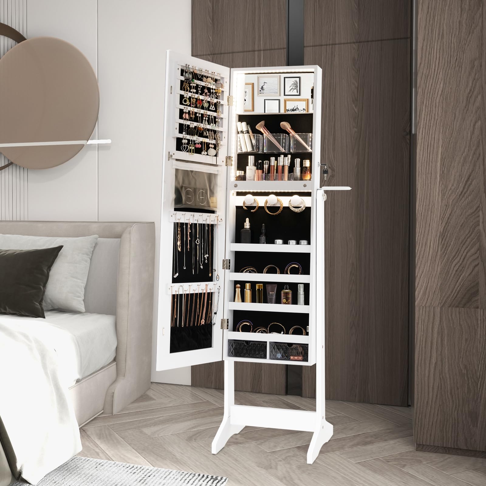 COSTWAY LED Mirror Jewelry Cabinet, Standing Jewelry Organizer w/Hairdryer Holder, Full-Length Mirror with Large Jewelry Storage, Lockable Jewelry Armoire for Living Room, Bedroom (White)
