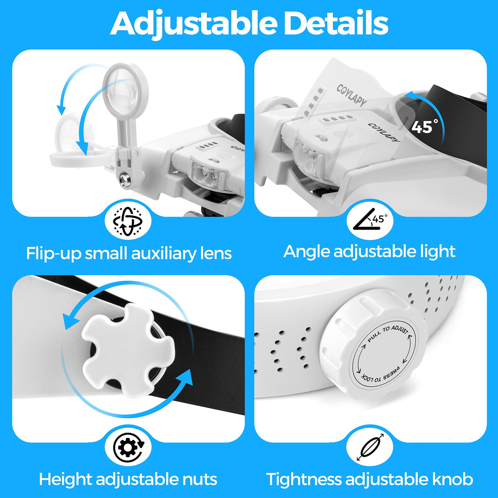 Lupe mit Licht, Kopfbandlupe für Naharbeit, 1x - 14x Freisprech-Vergrößerung Headset mit 5 Linsen & Zwei LED-Lampen, Juwelierlupe Visierkopflupe für Hobby, Handwerk