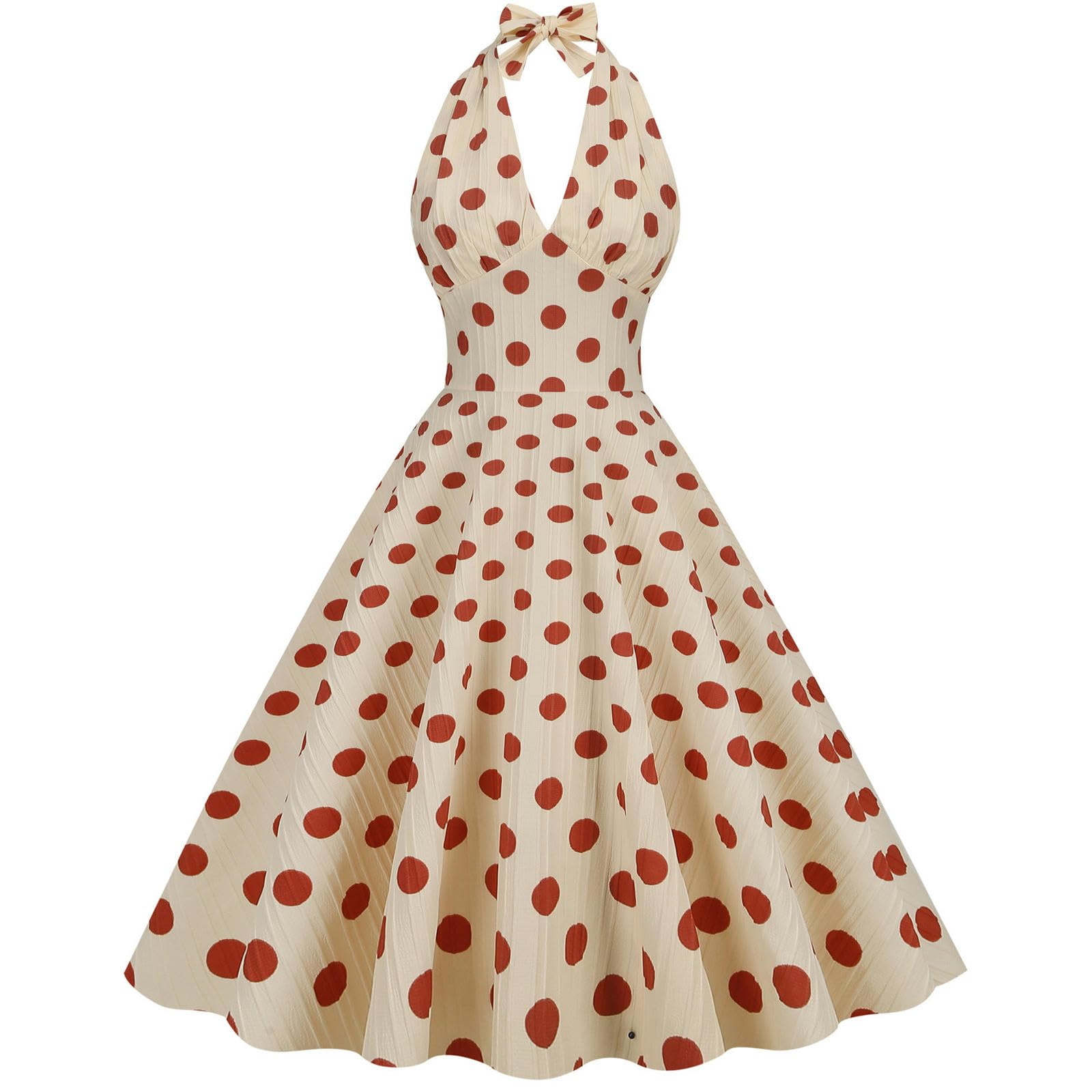 Robe de Banquet de Vacances rétro Taille Haute à Pois avec col Licou et Robe mi-Longue à Large Ourlet pour Femme - Fond Abricot Rouge à Gros Pois - XXL