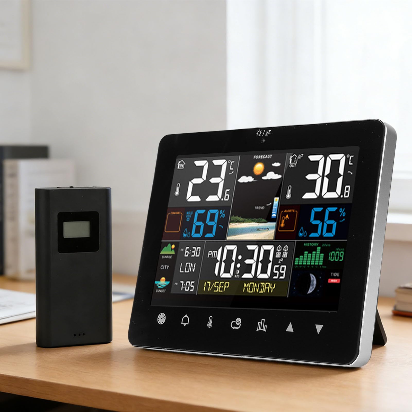 Luocute Digitales Innen- und Außenthermometer, Hygrometer, Farbdisplay, Touchscreen, Wettervorhersagestation mit Kabellosem Sensor, Wecker, Luftdruck für das Heimbüro