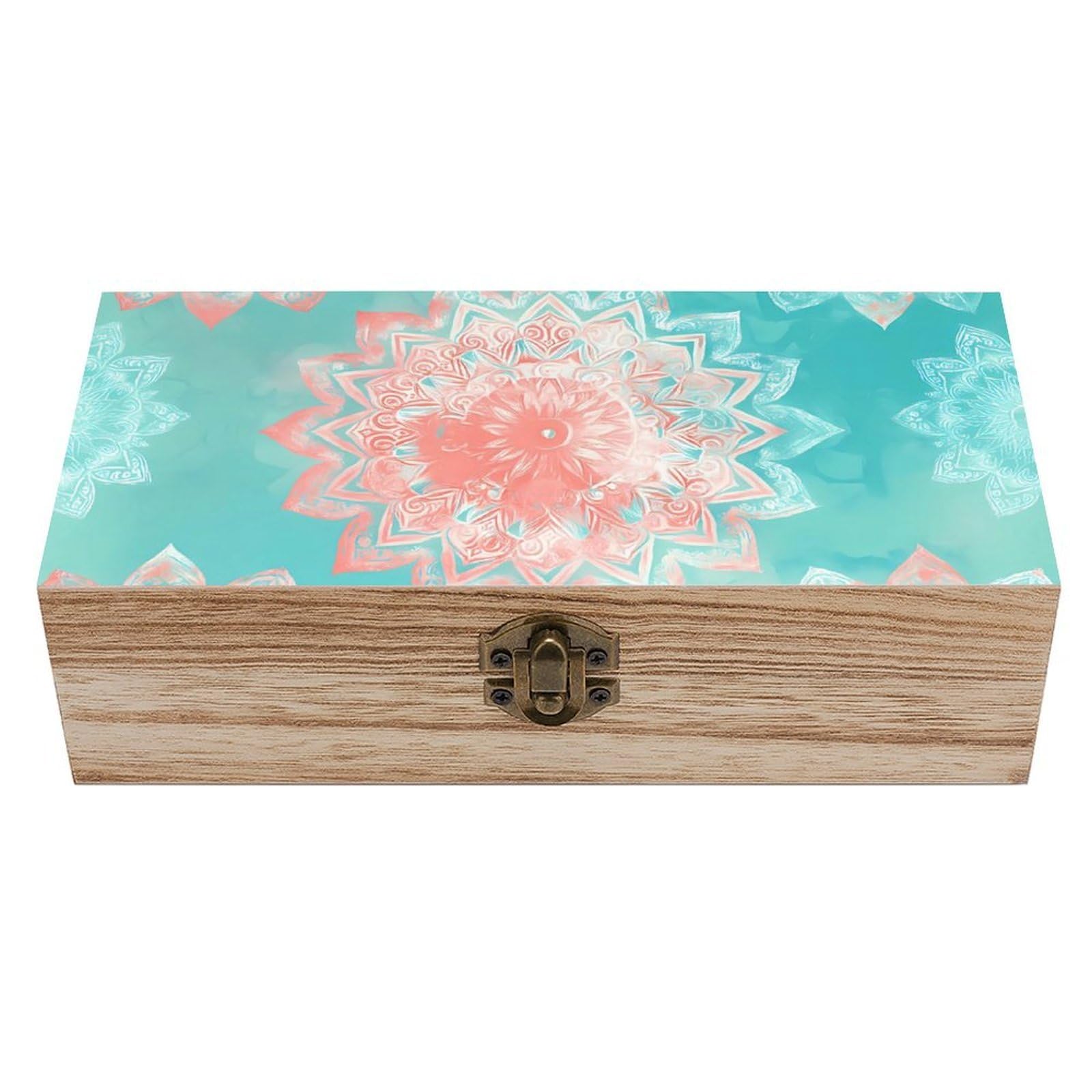 HLBSDM Enchanting Pink Teal White Mandala Retro Wooden Storage Box Jewelry Art Gift Boxs Decorative Keepsake Boxes