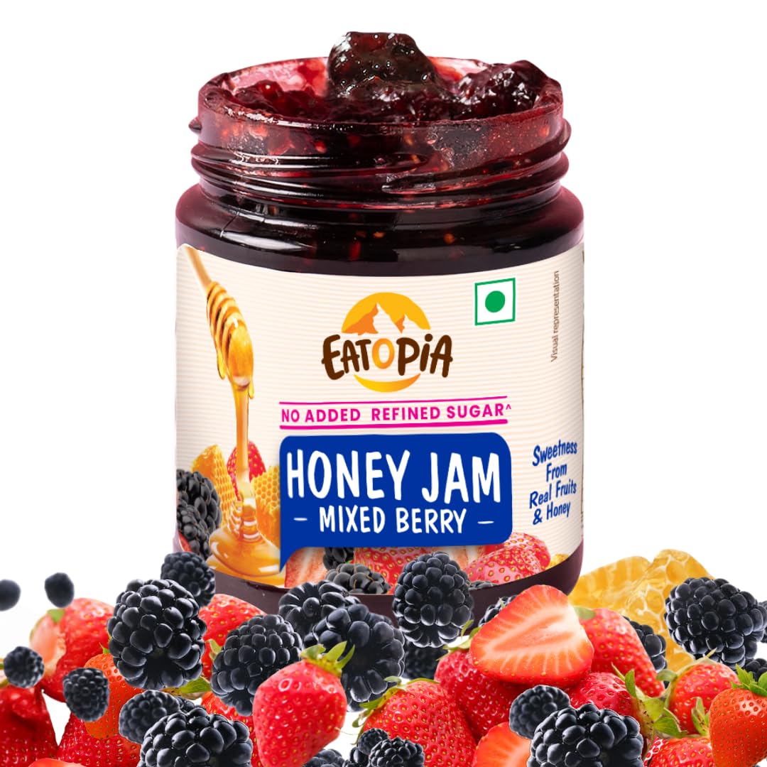 Eatopia Sugar Free Mixed Berry Honey Jam | 100% Pure & Natural | Healthy Jam for Kids & Adults | 70% Fruit Berries & Wild Honey | No Added Flavours & Preservatives | Good for Gut Health | Pack of 1-240g