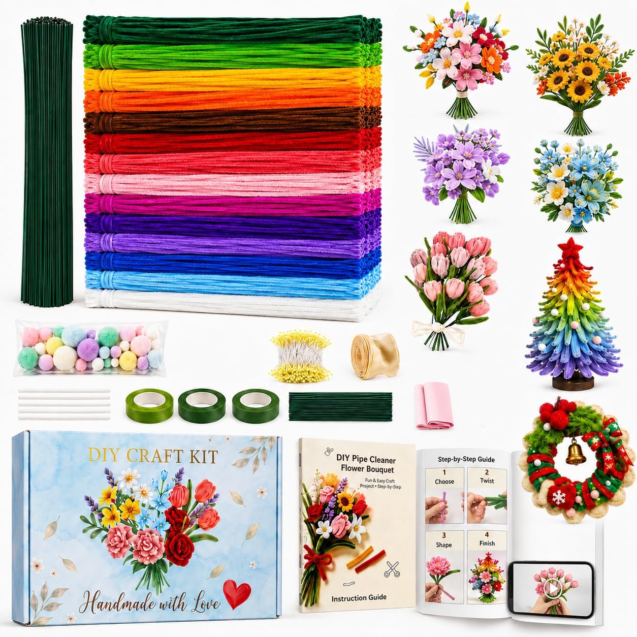 VIVISPRIG 1000 Pipe Cleaner Flower Kit, 18 Colors with Floral Supplies