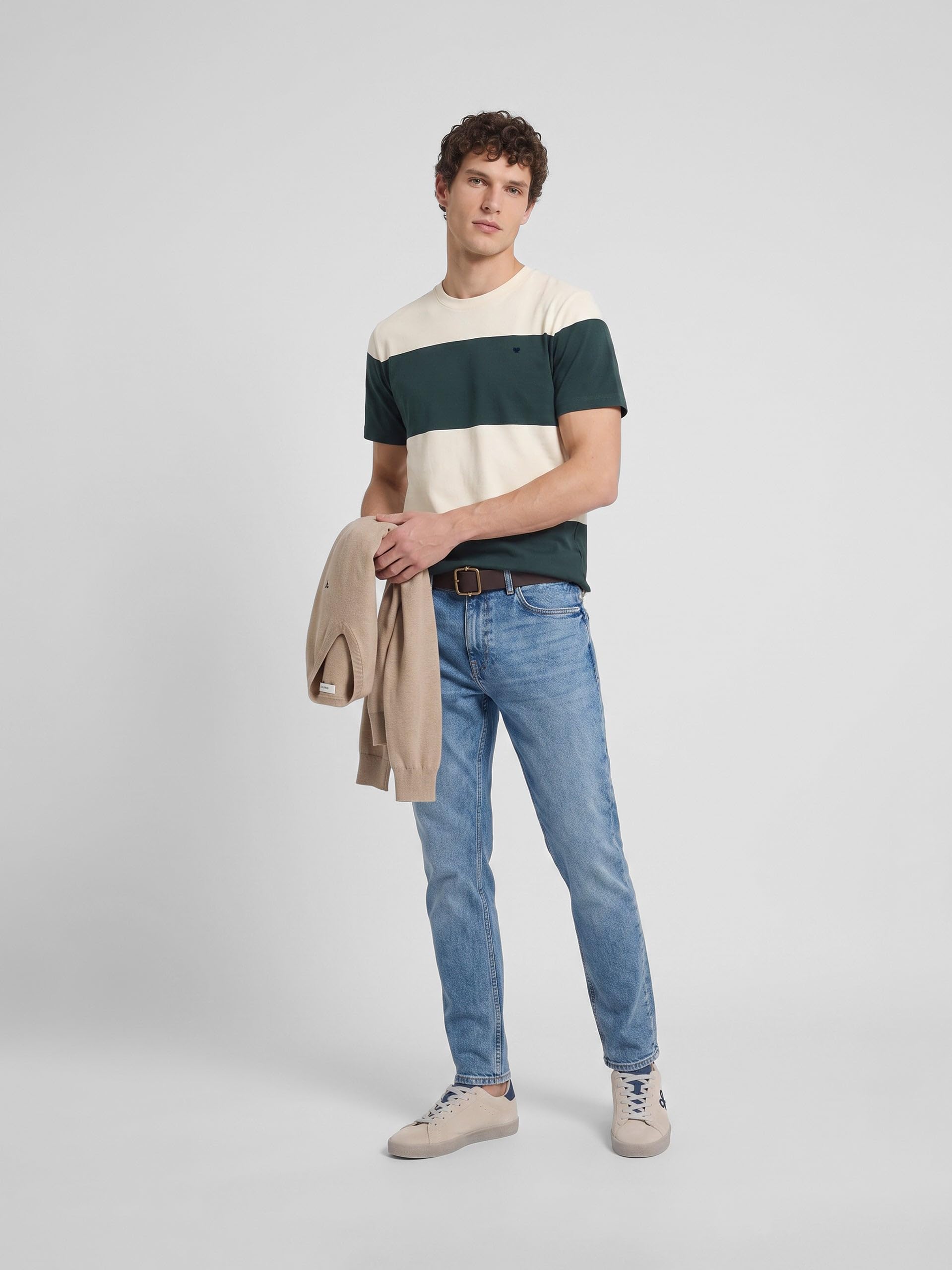 SILBON Camiseta Raya Ancha Verde Oscuro T-Shirt Uomo (Pacco da 1)