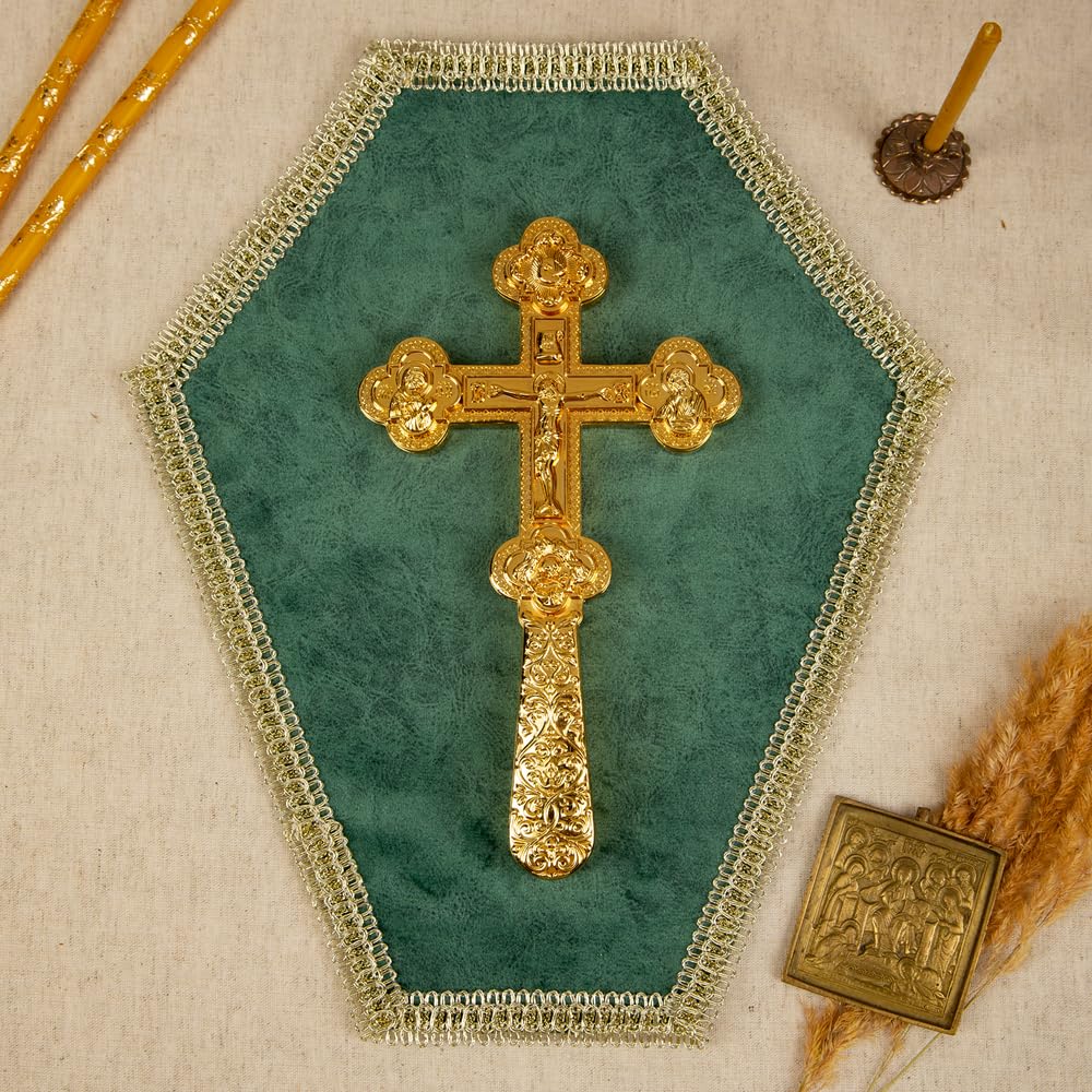 RZRHMUHN Croix de bénédiction orthodoxe plaquée or, crucifix religieux de 21,6 cm avec icône en relief, croix liturgique orthodoxe orientale pour bénédiction du prêtre, autel d'église, dévotion à