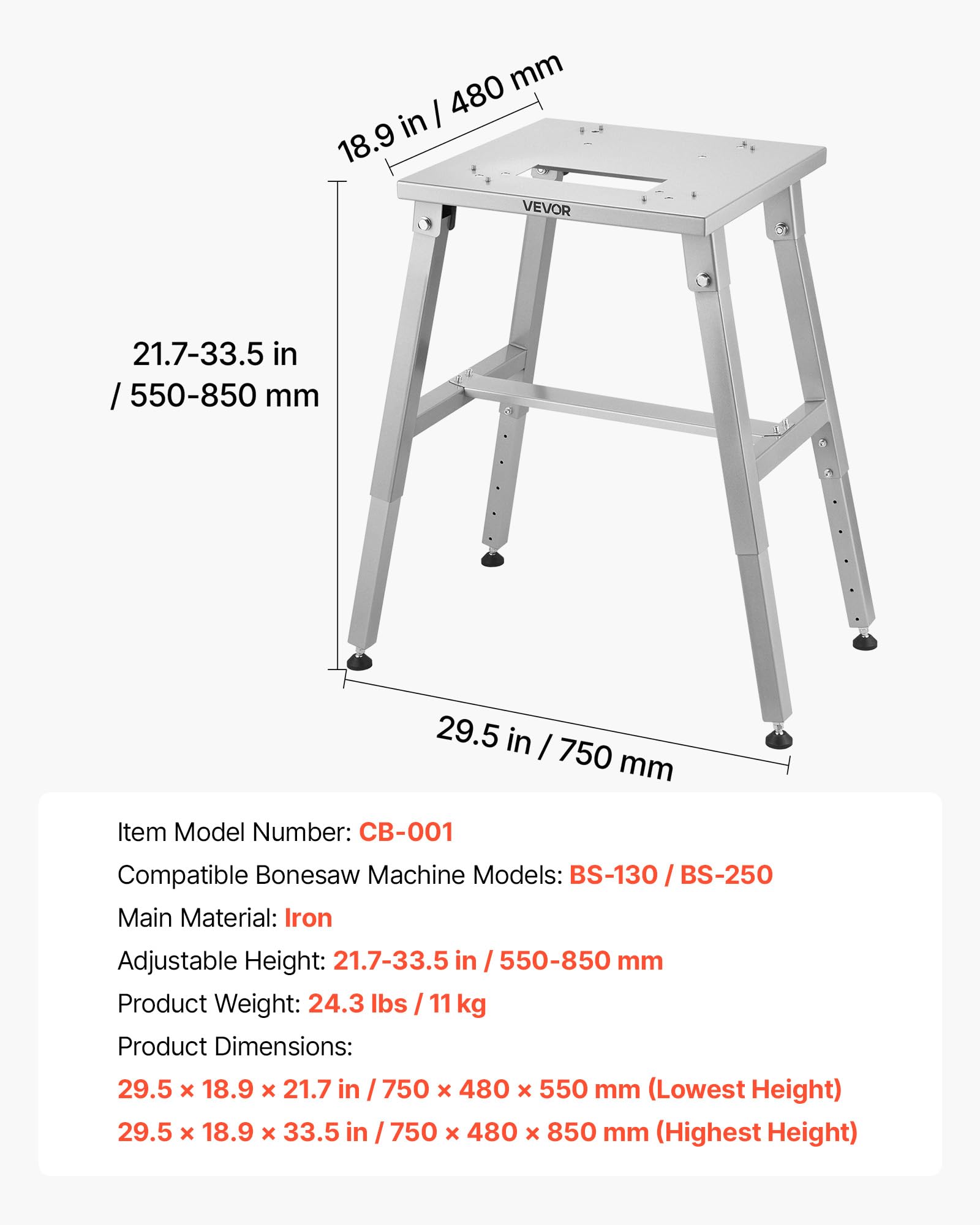 VEVOR Support Scie à Os Électrique Boucher pour Scie à Ruban Table, Compatible BS-130 BS-250, Hauteur Réglable, Cadre H Stable