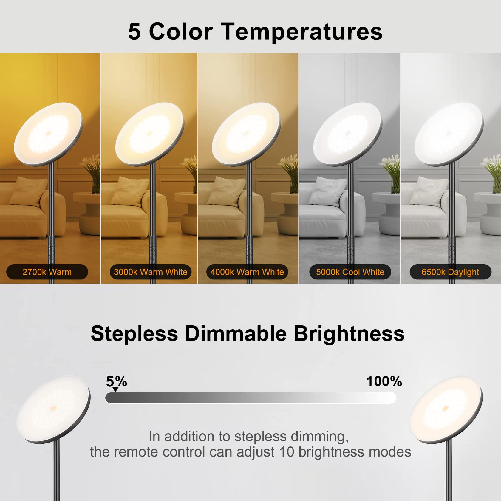 Lámpara de pie, 36W 3600LM Lámpara de pie Super Brillante, 350W Equivalente Moderna Lámpara Torchiere con Mando a Distancia y Control Táctil, 69" Lámpara Alta para Sala de Estar Dormitorio Oficina