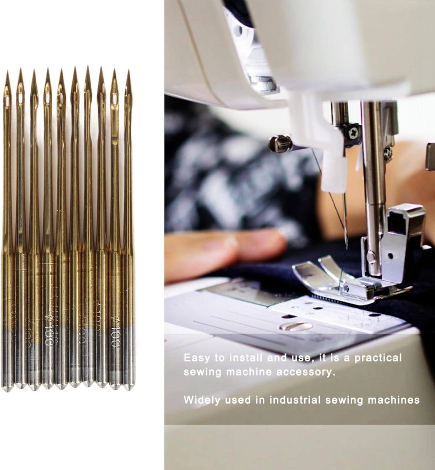 A Walfront DBx1 industrial sewing machine needle installed in a sewing machine, with thread passing through the needle eye, ready for sewing.