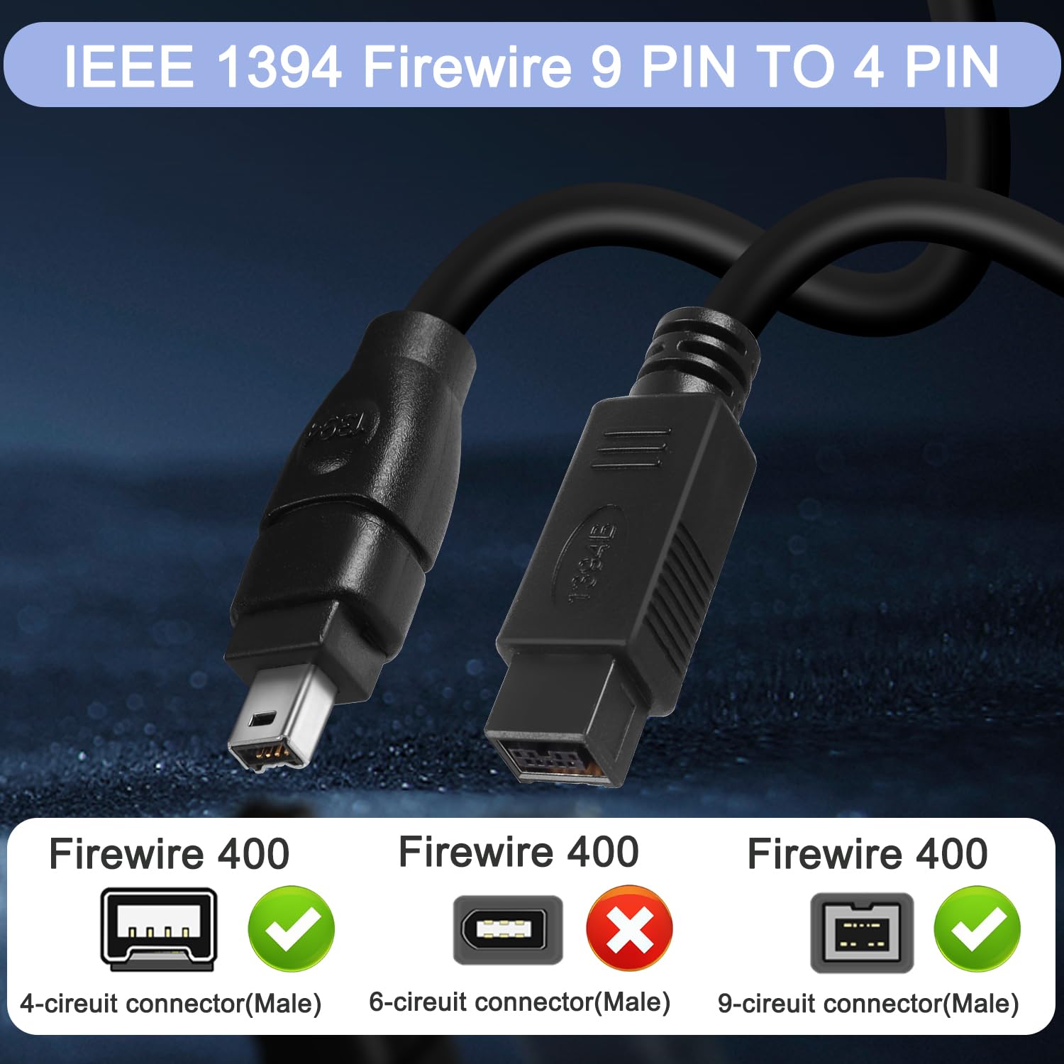 6FT Cavo Firewire 400, cavo adattatore IEEE 1394 Firewire da 9 pin maschio a 4 pin maschio Cavo Firewire DV per stampante, PC, scanner, videocamera (9PIN a 4PIN)