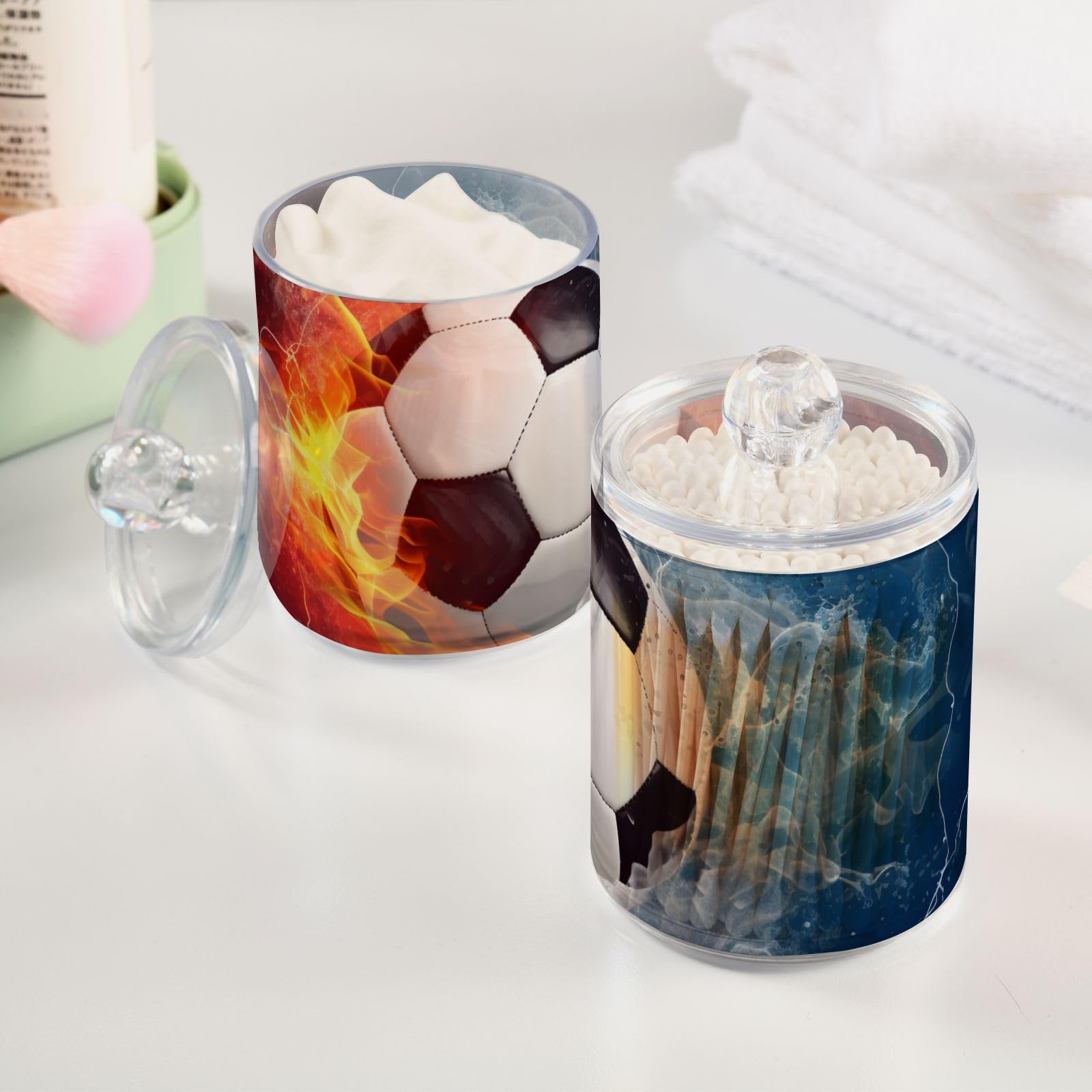 ALAZA 4 Pack Qtip Holder Dispenser Soccer Water Fire B Cotton Ball Cotton Swab Cotton Round Pads Floss Clear Bathroom Storage Containers Plastic Apothecary Jars with Lids