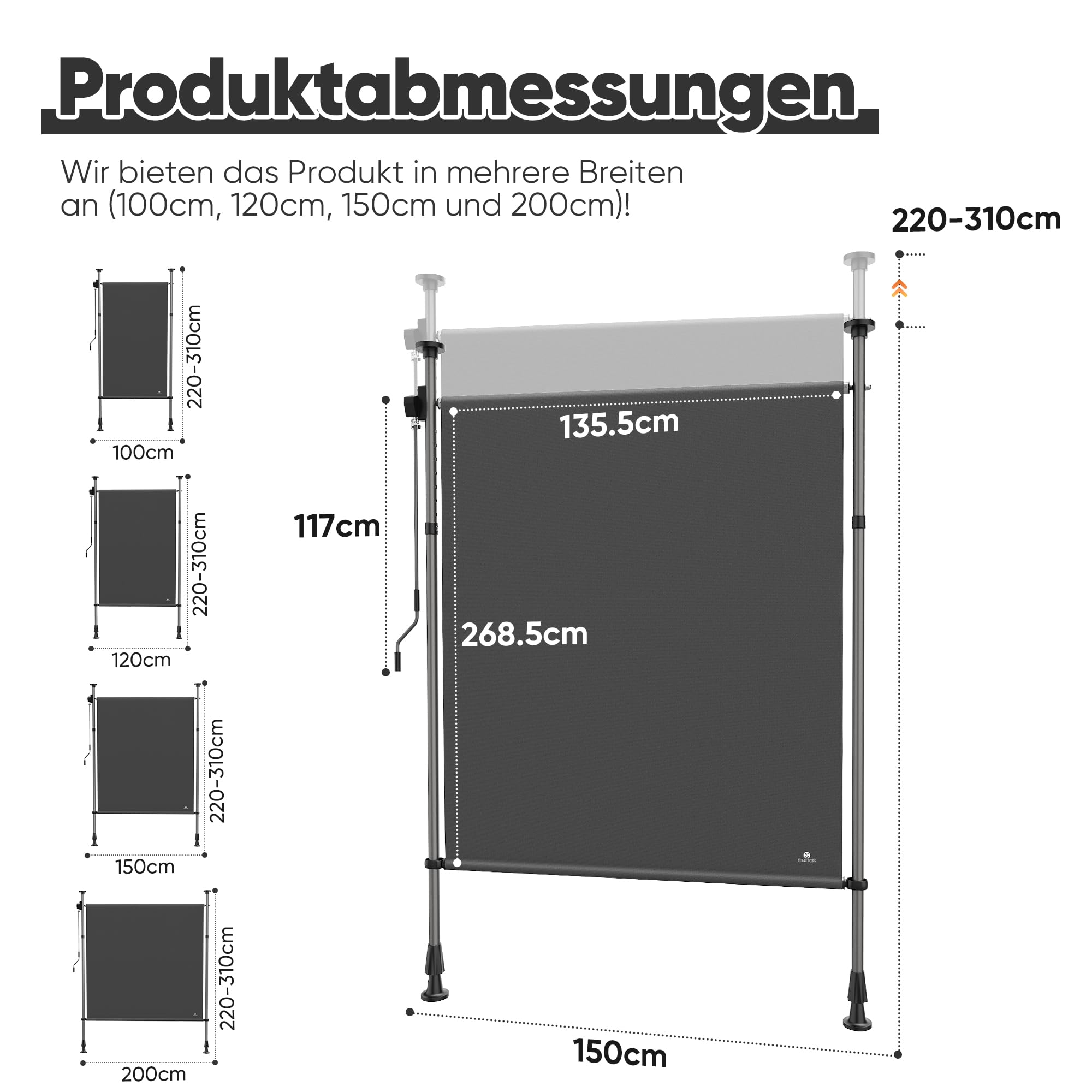 Roleta pionowa, wysuwana, 100 x 310 cm, z regulacją wysokości, roleta balkonowa, na zewnątrz, ochrona przed promieniowaniem UV, z korbą i kasetą wiatrową, na balkon, taras, patio, do ogrodu