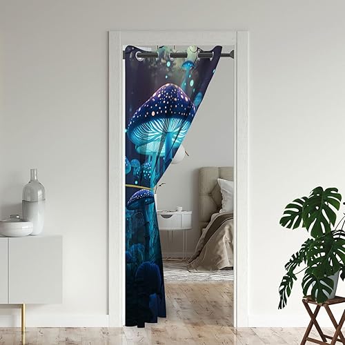 Miniatura 2 de Cortinas opacas de hongos de fantasía para puertas, plantas de bosque silvestre, cortina opaca azul para armario de dormitorio de niños, aislamiento