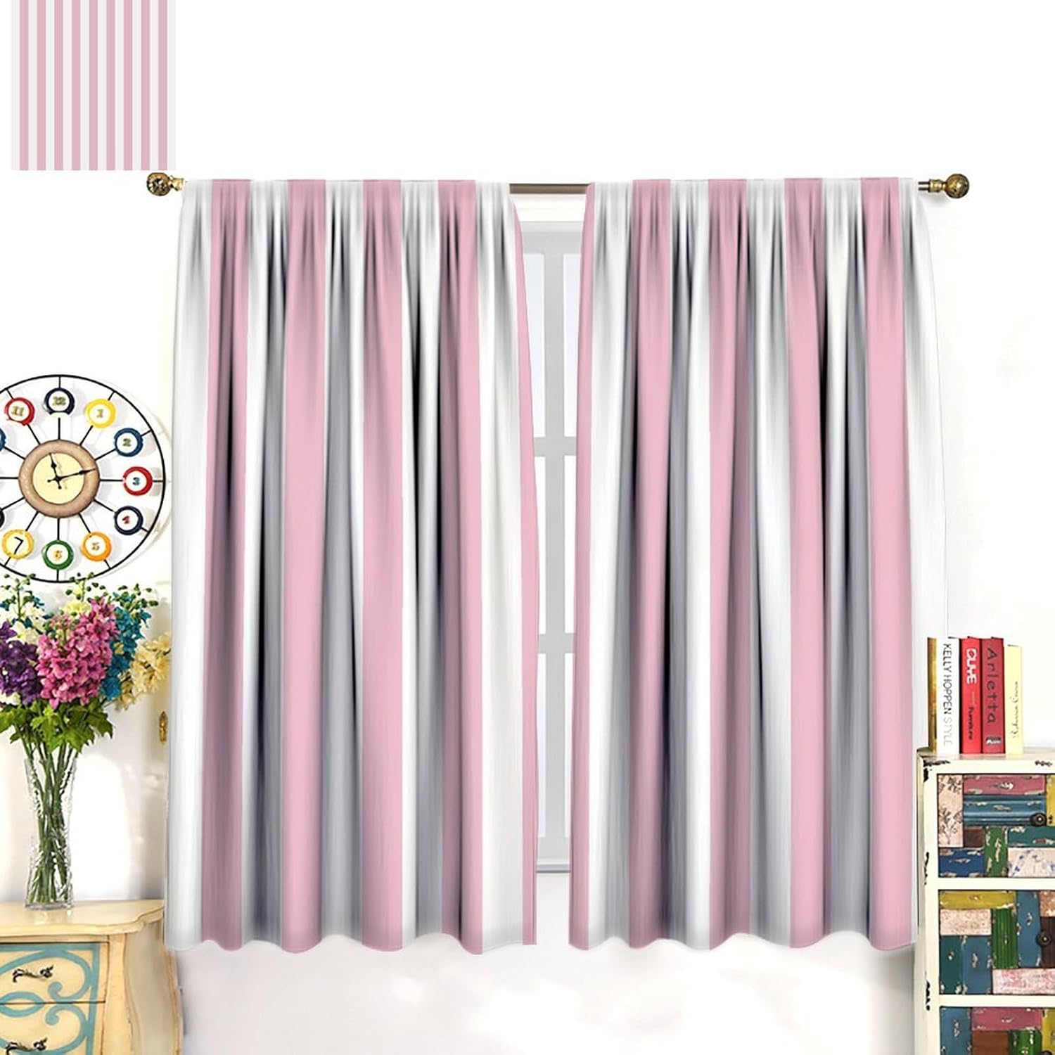 Pink and White Striped Curtains Vertical Stripe Geometric Modern Farmhouse Chic Style Curtain with Rod Pocket for Bedroom Living Room Drapes Window Treatments 2 Panels Set 42" W X 45" L