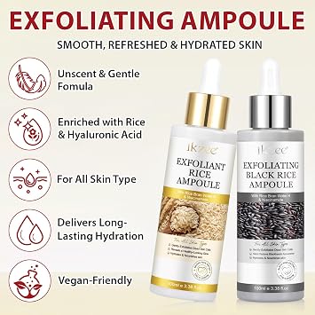 Black Rice Exfoliant Serum + White Rice Exfoliant Serum Kit, Exfoliating Peel Ampoule, Skin Peel & Hydration Shot for Face and Body, Gentle Remove Dead Skin & Blackhead, Active Skin Repair So Soft