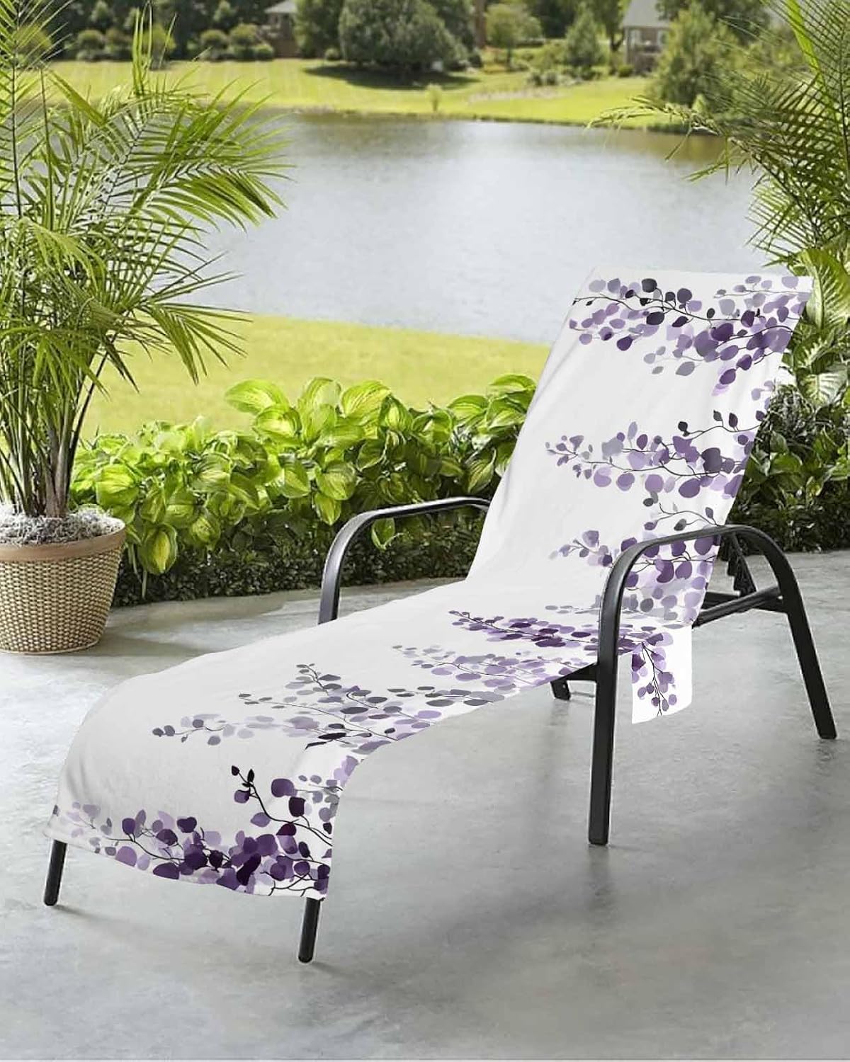 Eucalyptus Beach Chair Cover with Side Pockets, Watercolor Ombre Purple Leaves White Spring Microfiber & Quick Dry Pool Chaise Lounge Chair Towels Covers for Sun Sunbathing Patio Garden Hotel
