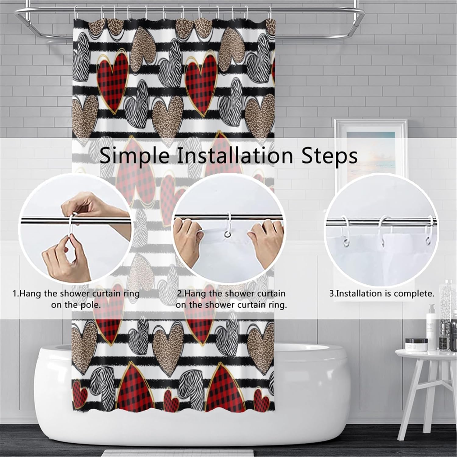 Valentine's Shower Curtain for Bathroom 65x72 inches Lattice Love Hearts Waterproof Fabric Stall RV Bathtub Black White Stripe Boho Hotel Room Divider Shower Curtains Set with Hooks
