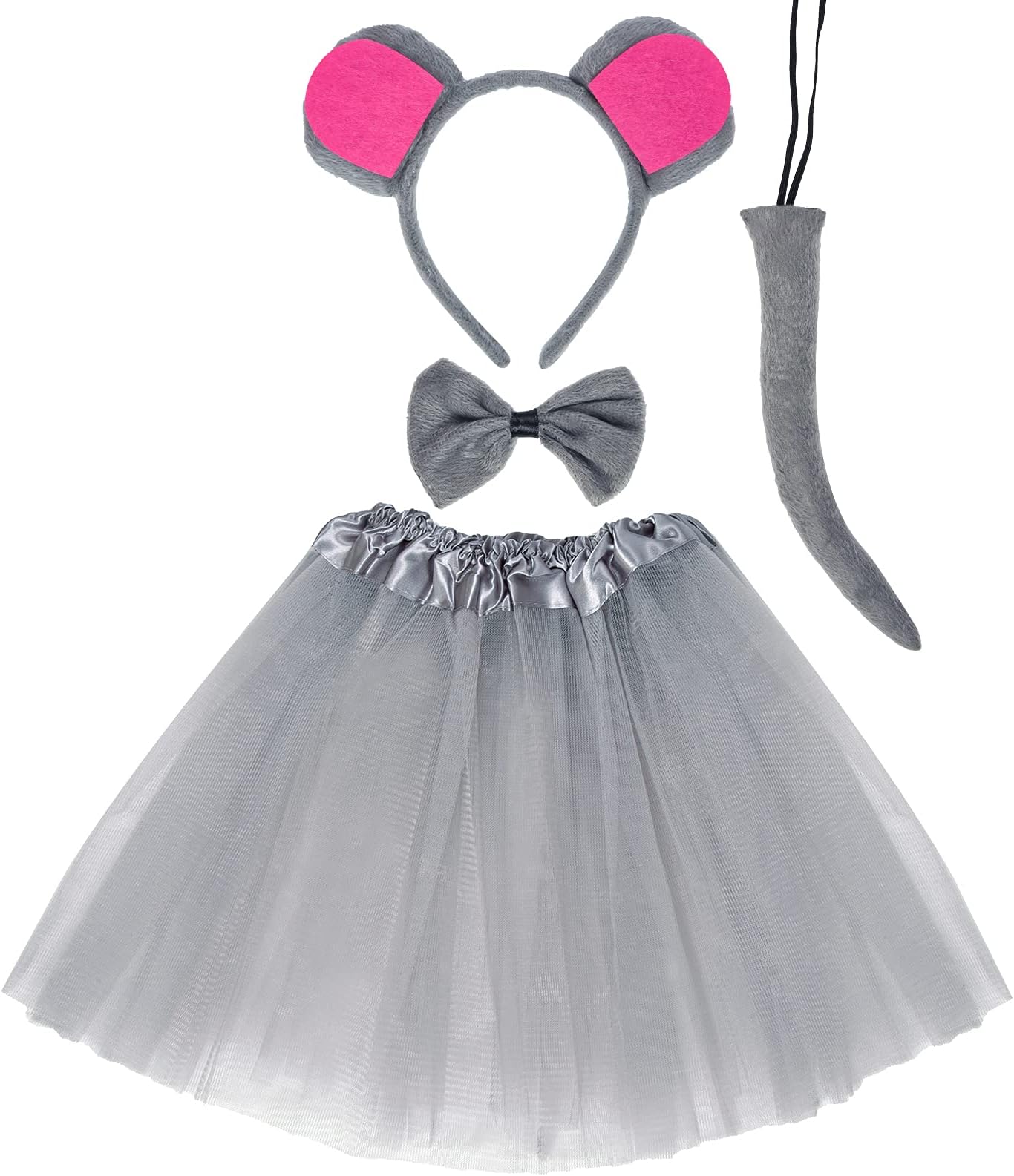 Gray Mouse Costume Tutu Set, Mouse Ear Headband Bowtie Tail Tutu for Halloween Cosplay Party Dress Up Accessories