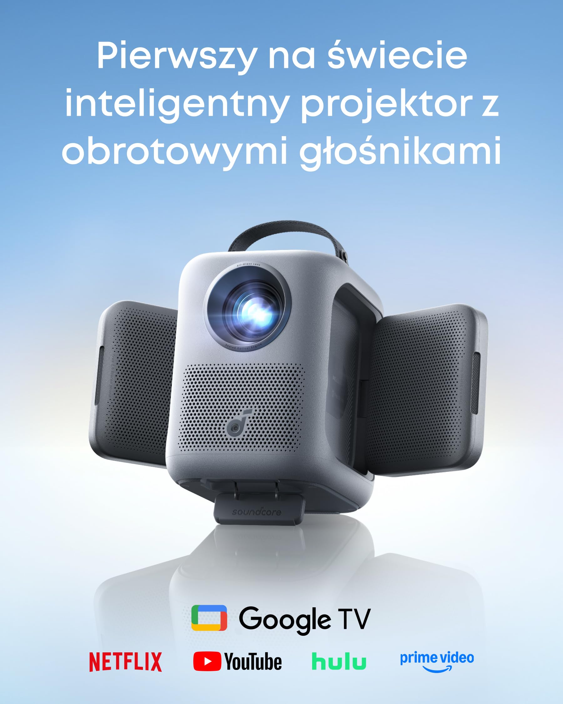 Inteligentny projektor soundcore Nebula P1i z WiFi i Bluetooth, obrotowymi głośnikami, dźwiękiem Dolby Audio 2.0, jasnością 380 ANSI lumenów, rozdzielczością Full HD 1080P