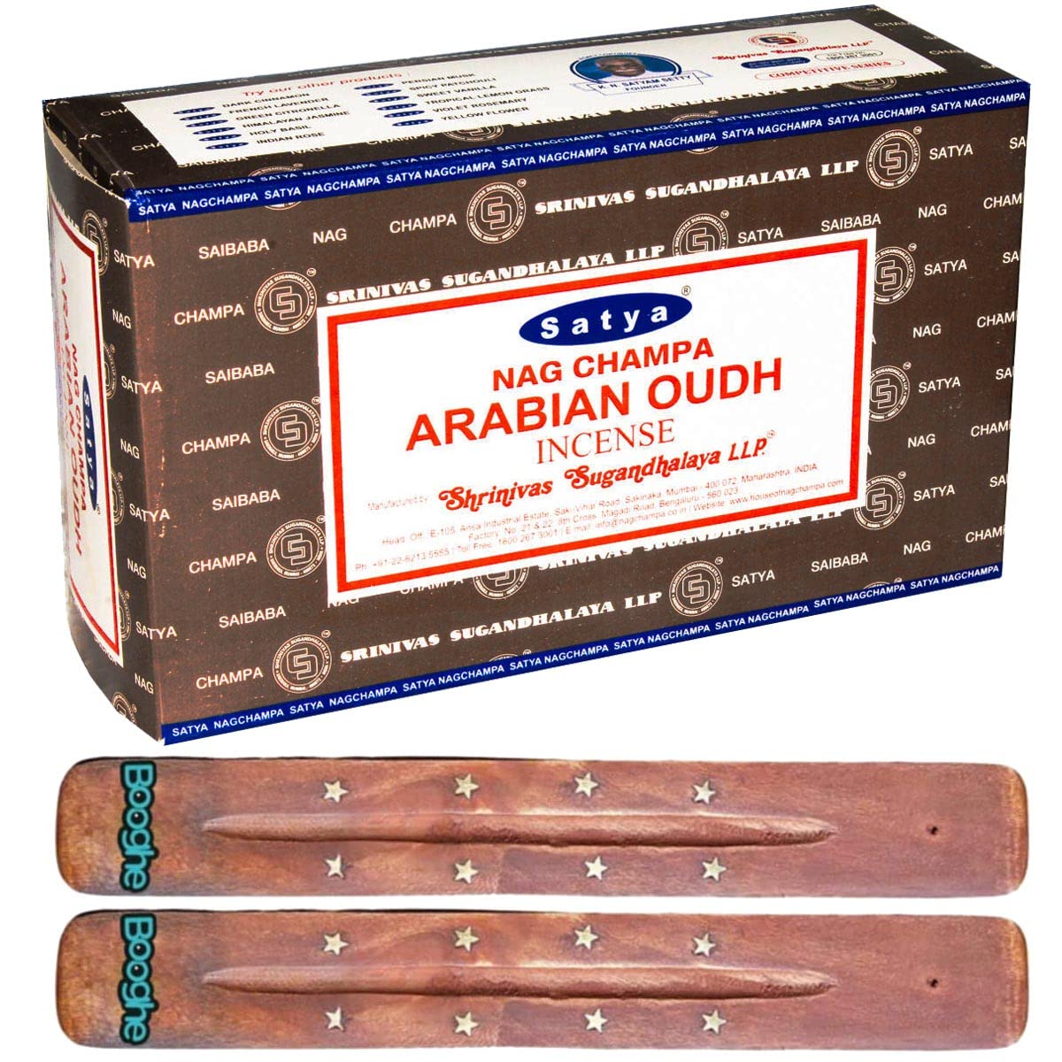 Satya Nag Champa Incense Sticks | x12 pack | with 2 Booghe incense sticks holder (Arabian Oodh)