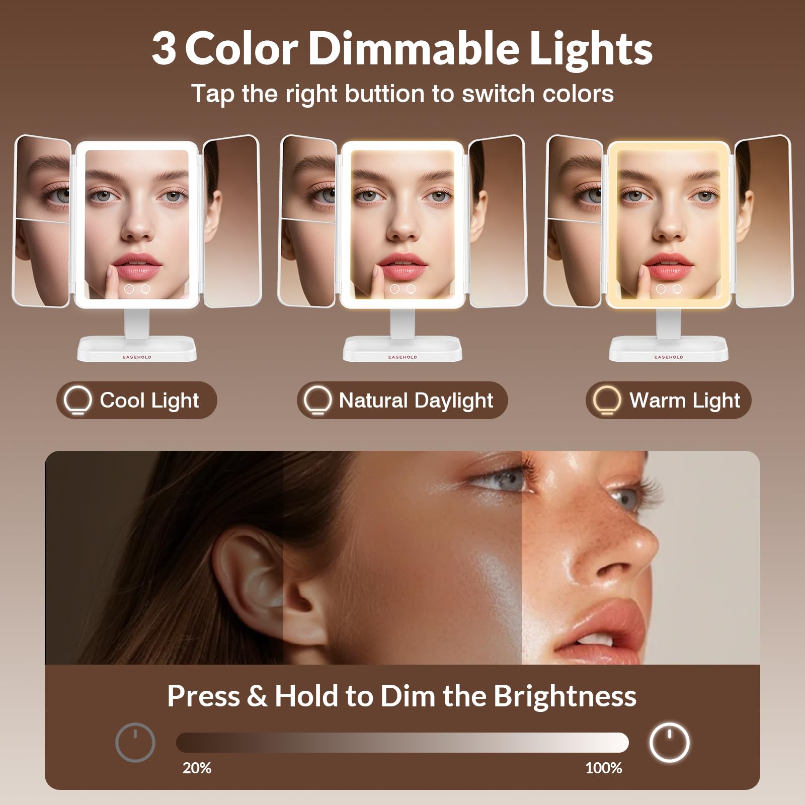 EASEHOLD Schminkspiegel mit Lichtern LED beleuchteter Spiegel 1X/2X/3X/ Vergrößerung Trifold Spiegel mit Touchscreen 180 Grad Drehung Dual Netzteil Dimmen Beleuchteter Kosmetikspiegel
