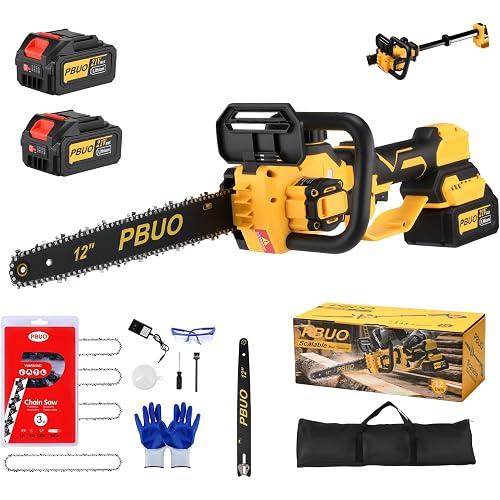 12" Cordless Brushless Electric Chainsaw (Yellow) | 2-IN-1 Telescoping Pole Saw, 2×4.0Ah Batteries & 4 Chains, Lightweight Battery Chainsaw for Garden Wood Cutting
