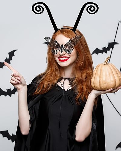 Miniatura 6 de QLINLEAF Diadema de antena de hormiga, máscara de encaje de mariposa para mujer, Halloween, fiesta de máscaras, cosplay, accesorios de disfraz