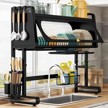 Kitchen Sink Rack countertop with Cabinet Door Dish Storage Multifunctional Adjustable Dish Drain Rack Dish Rack with Drain Board,Space Saving Dish Drying RackBlack,67cm/26.4in