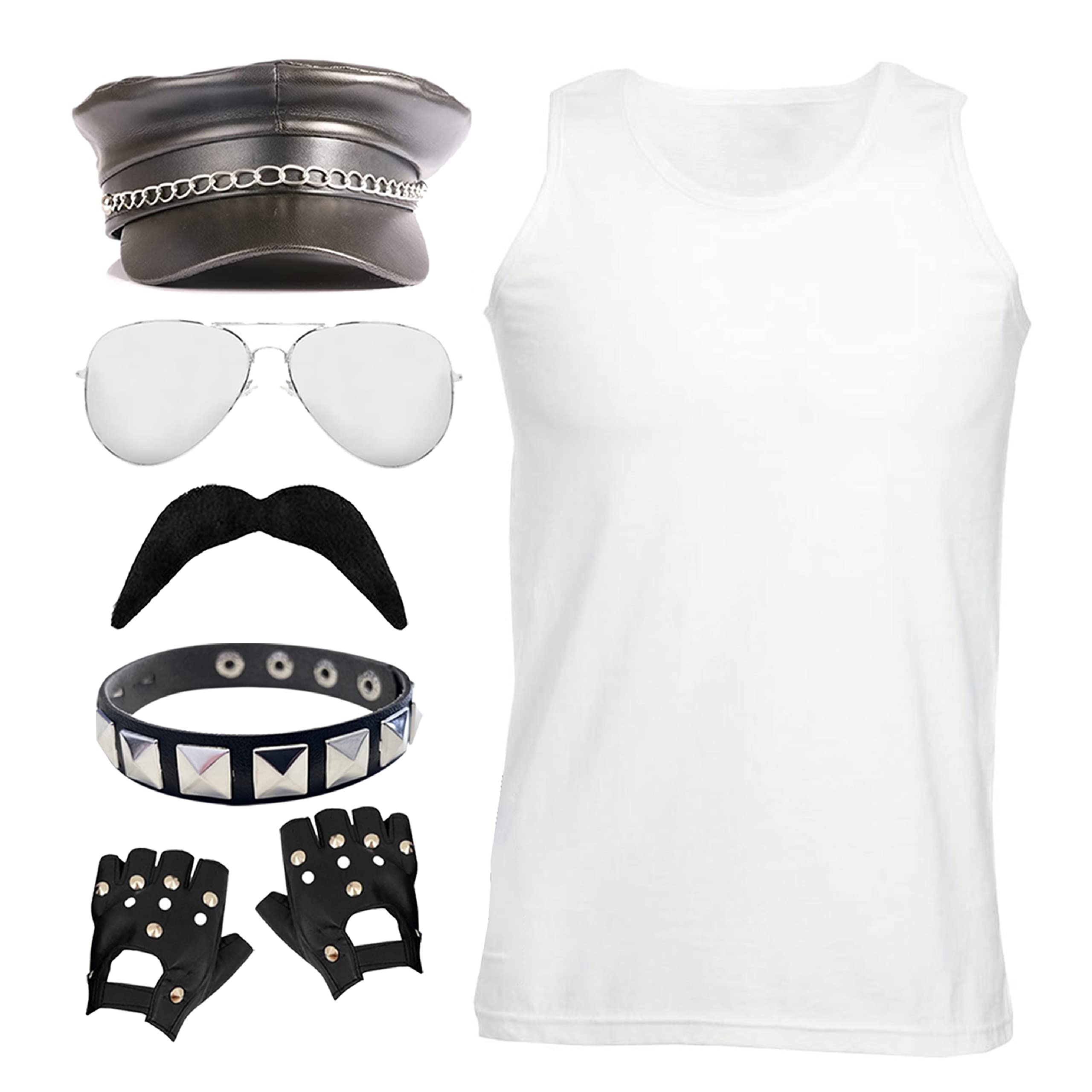 Adults 80s Rockstar Costume - Small - White Vest, Biker Hat, Sunglasses, Black & Silver Armband, Fingerless Gloves, Fake Moustache - Adults Eighties Fancy Dress Costume