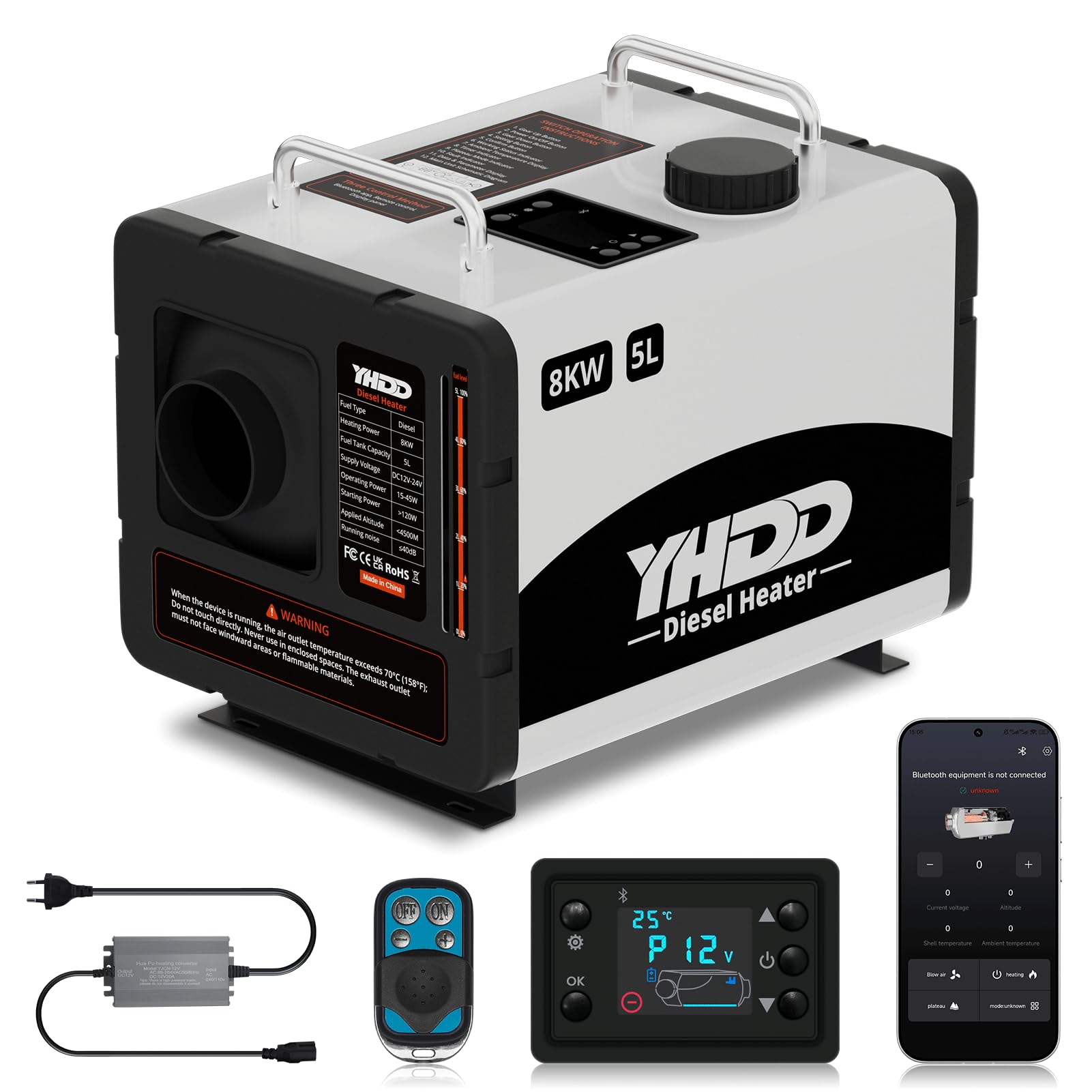 Riscaldatore Diesel Portatile da 8 kW, 12V-24V, con Bluetooth e Serbatoio da 5L per Camper e Garage