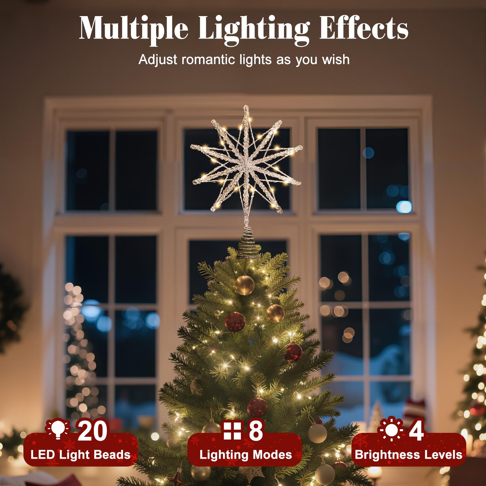 Lewondr Stella Cima Per Albero Di Natale 20 LED, 13.8 Pollice Stella A 10 Punte In Resina Lucente, Cima Alimentata A USB E Telecomando Per Decorazione Albero Di Natale, Timer 6H & 8 Modalità, Argento