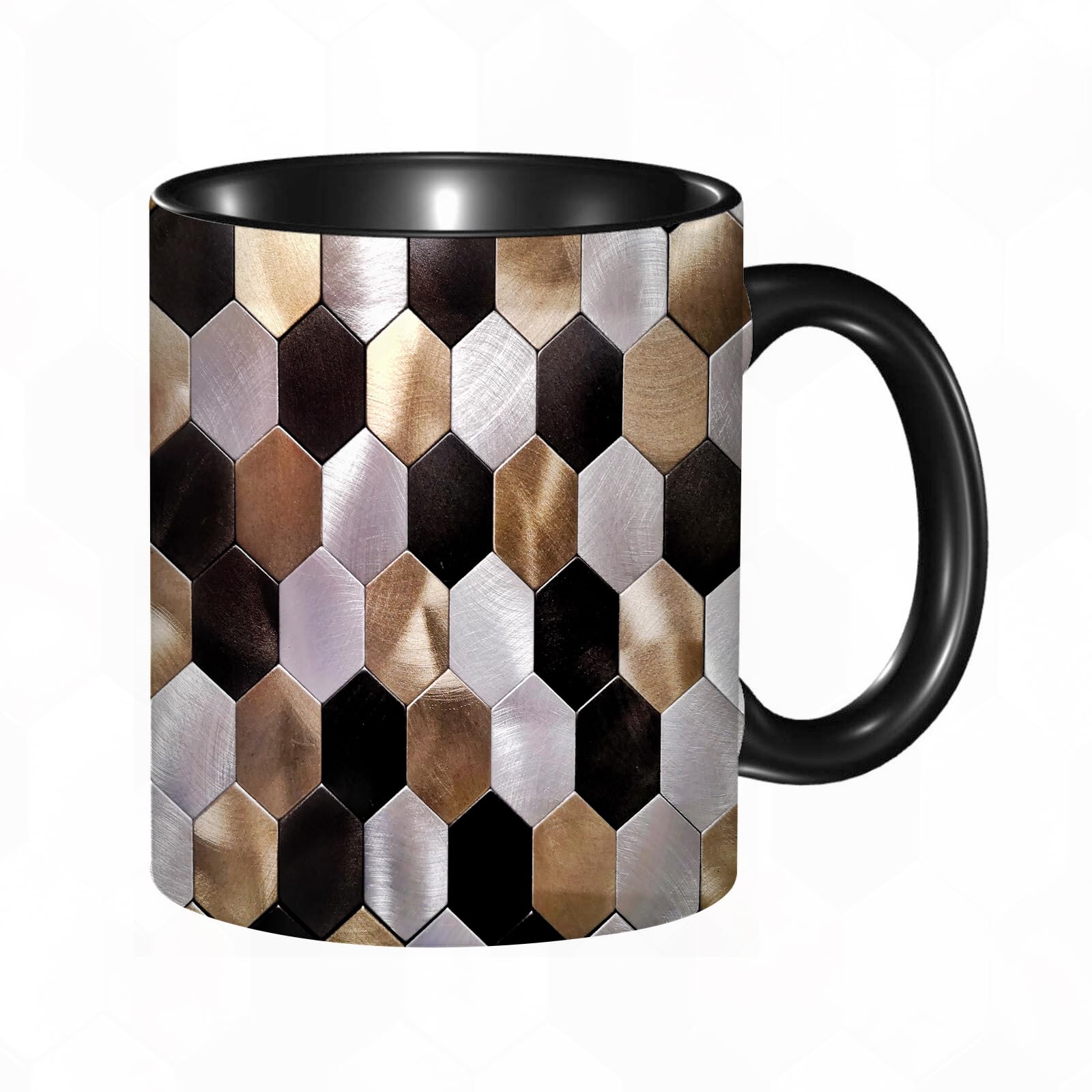 HRRASFAZF Ceramic Coffee/Tea Mug, 11 oz Funny Mugs,Background of Shiny Hexagons of Gold Silver and Black,Gifts for Mothers Day,Birthdays,Christmas,Valentines,Anniversaries