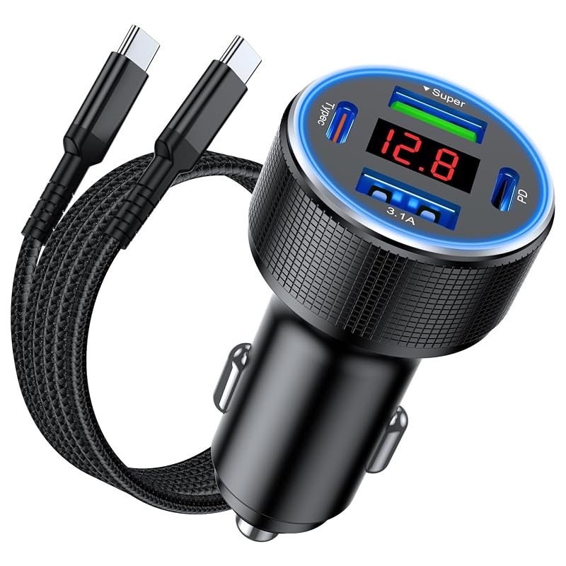 Carregador veicular 78 W com 4 portas USB-C e USB-A, display de tensão e cabo trançado AGEK