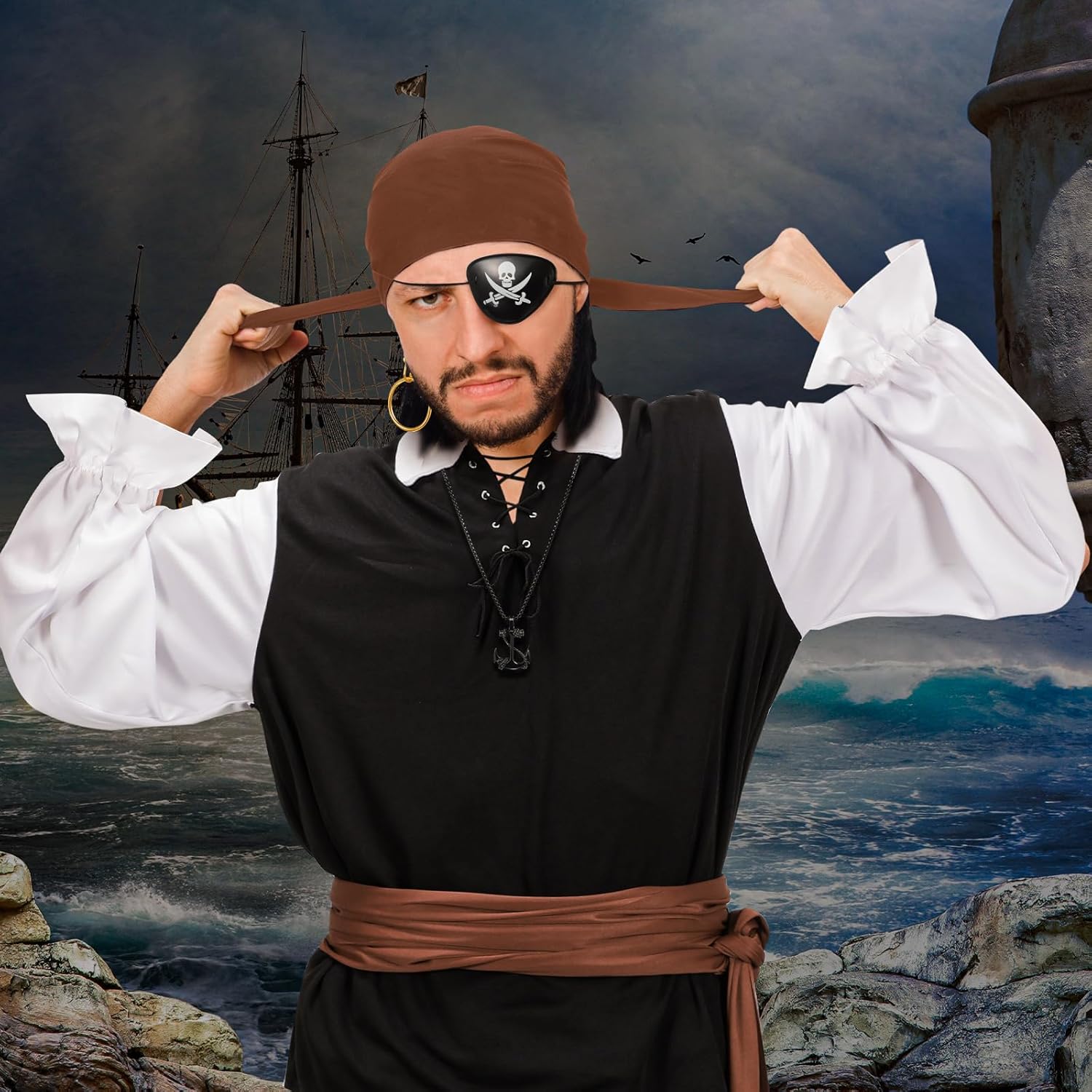 Handepo 7 Pcs Halloween Pirate Costume Adult Men's Captain Shirt Bandana Belts Earring Necklace Blindfold Pirate Accessories - Image 4