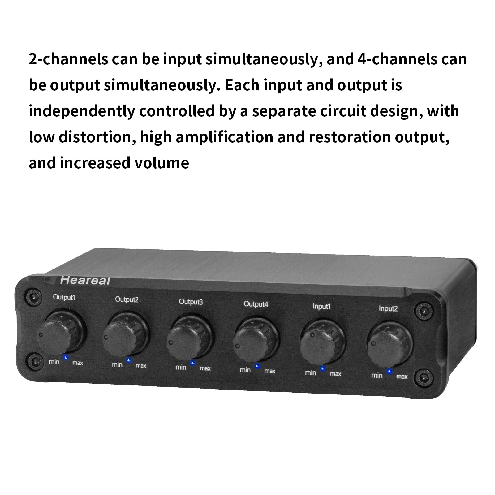Mezclador y distribuidor de audio estéreo de 2 entradas y 4 salidas, divisor de 4 canales con control de volumen independiente e indicador LED, carcasa de aleación de aluminio, para podcasting, juegos