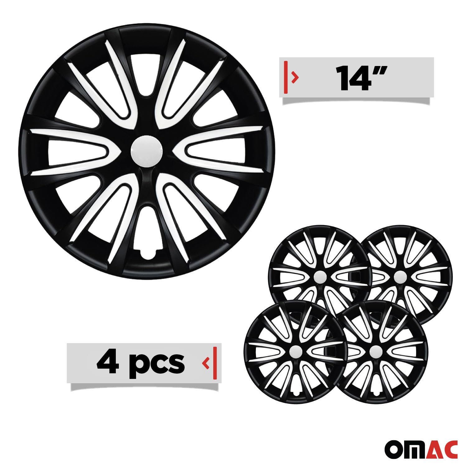 OMAC Lot de 4 enjoliveurs 14" compatibles avec voiture ABS | Enjoliveurs pour jantes en acier | 1 jeu (4 pièces) noir/blanc avant et arrière