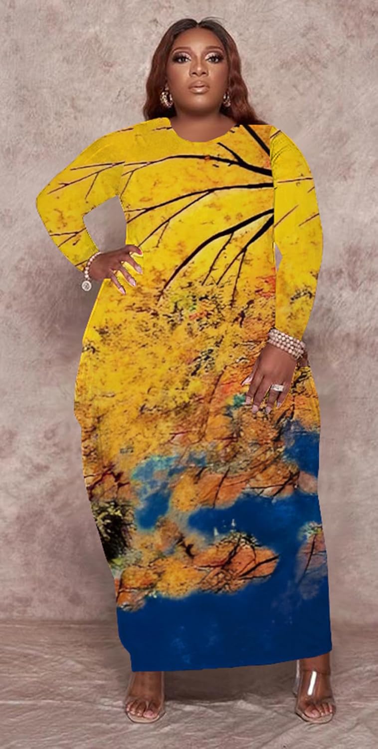 Women’s Casual Loose Plus Size Maxi Dress Graphic Print Long Sleeve Baggy Long T-Shirt Tunic Dress with Pockets - Image 4