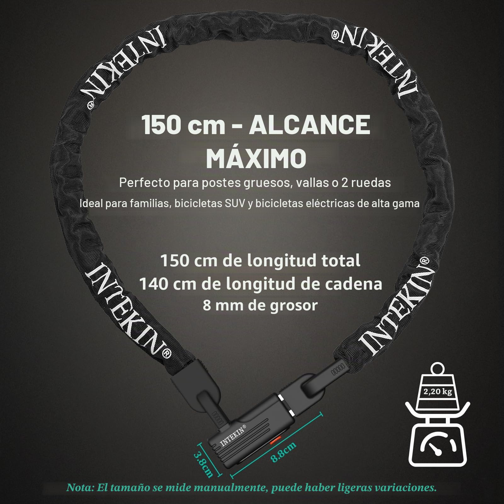 Candado de Bicicleta Antirrobo con Llave, 150 cm Candado de Cadena para Bicicletas, Motos, Scooters, cadena bicicleta de Alta seguridad 8 mm Diámetro
