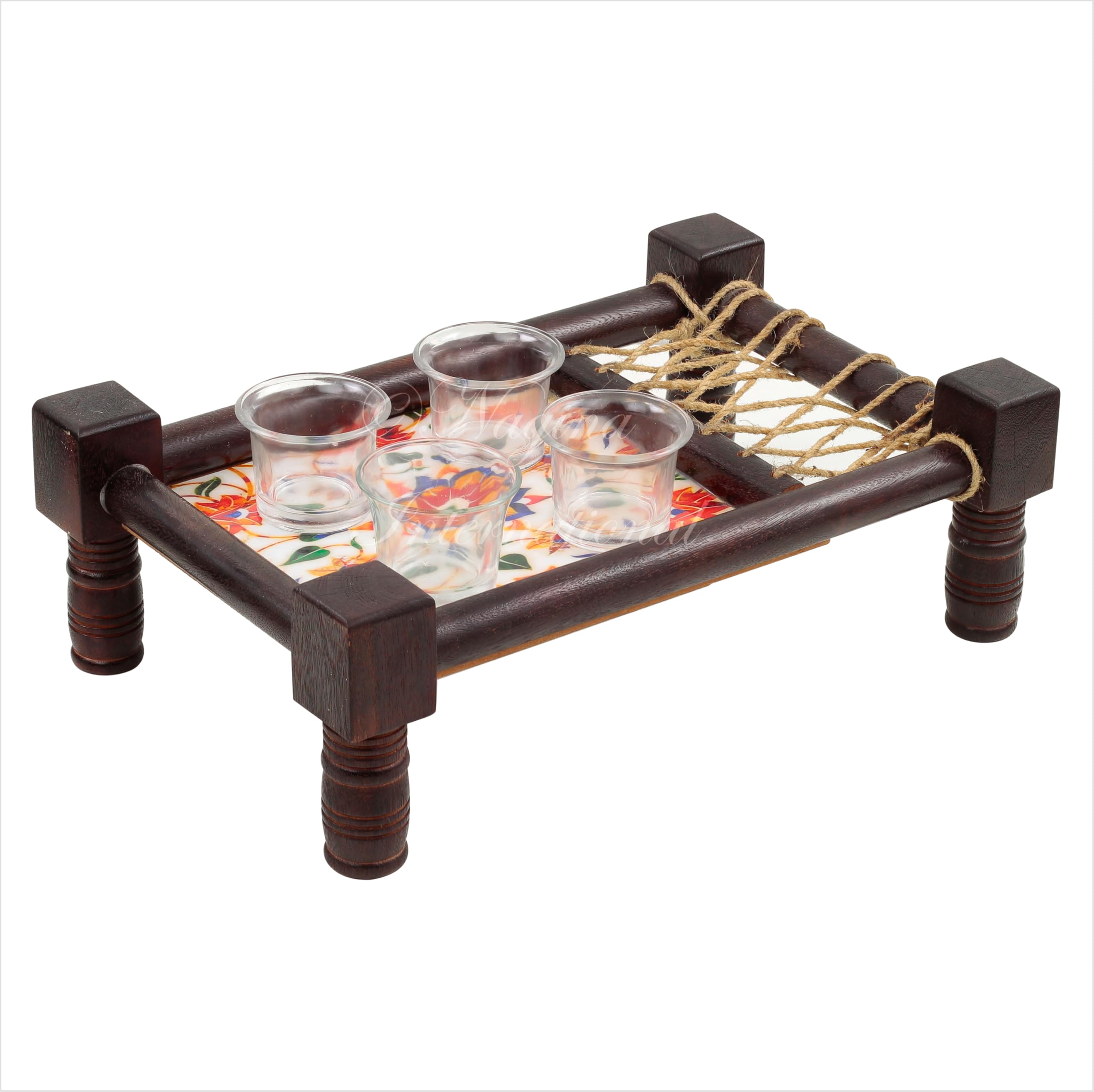 Plateau de lit asiatique en bois sculpté rouge floral pour collations